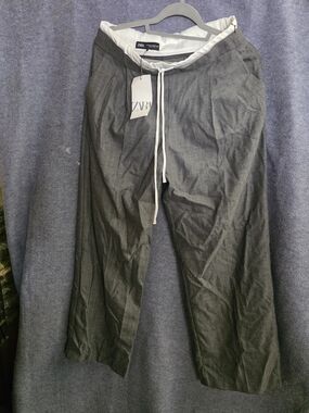 Zara Gray Wide-Leg Drawstring Trousers